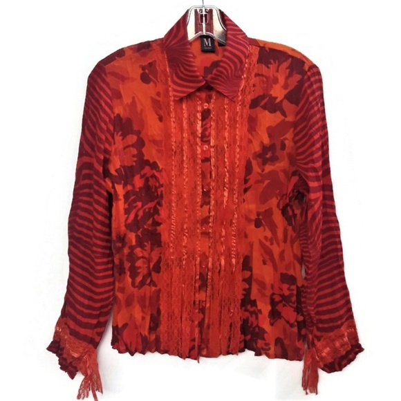 Milano Tops - Milano Shirt Lace Crinkle Detail Loud Bright Blood Orange S